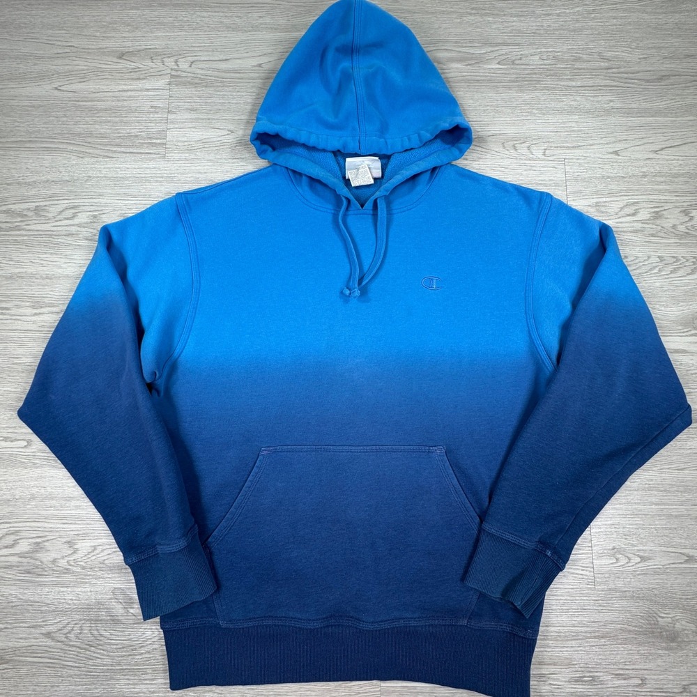 Champion Mens Hoodie Ombre Dip Dye Blue Cyan Navy Size M Pullover Fleece